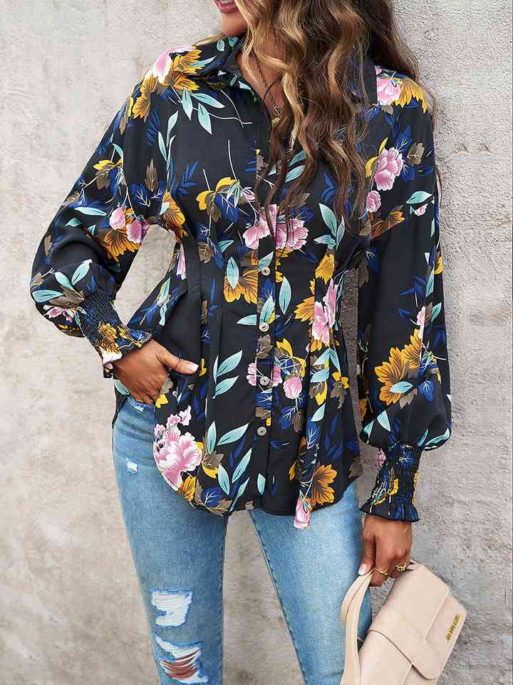 Printed Button-Up Lantern Sleeve Shirt - AllIn Computer