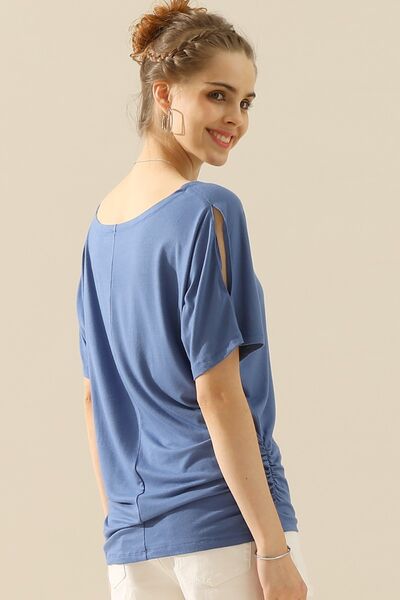 Ninexis Boat Neck Short Sleeve Ruched Side Top - AllIn Computer
