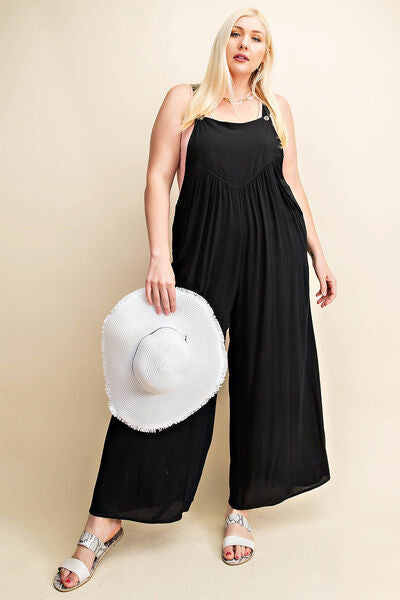 Kori America Full Size Sleeveless Ruched Wide Leg Overalls - AllIn Computer