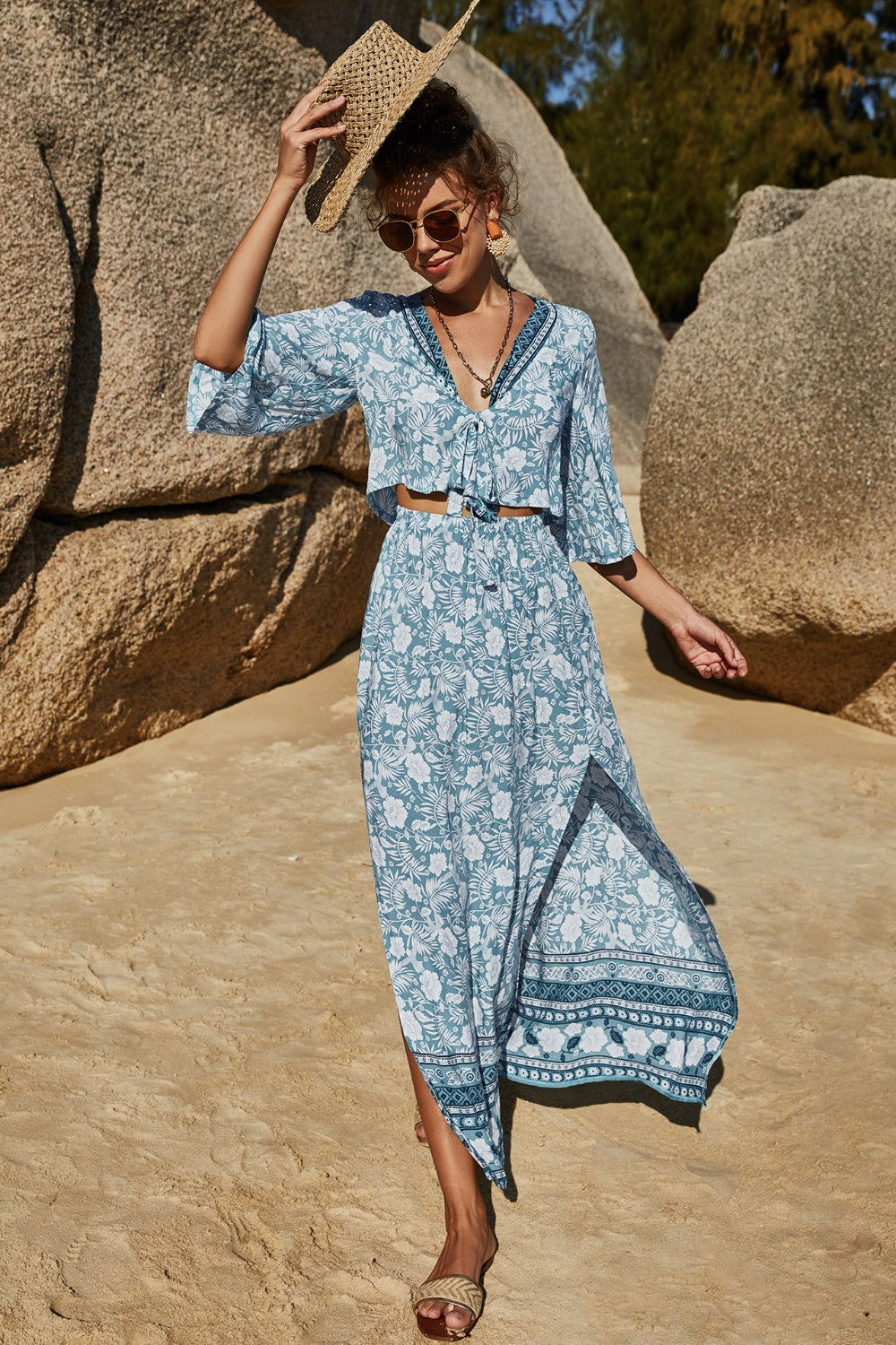 Printed Half Sleeve Top and Slit Skirt Set - AllIn Computer