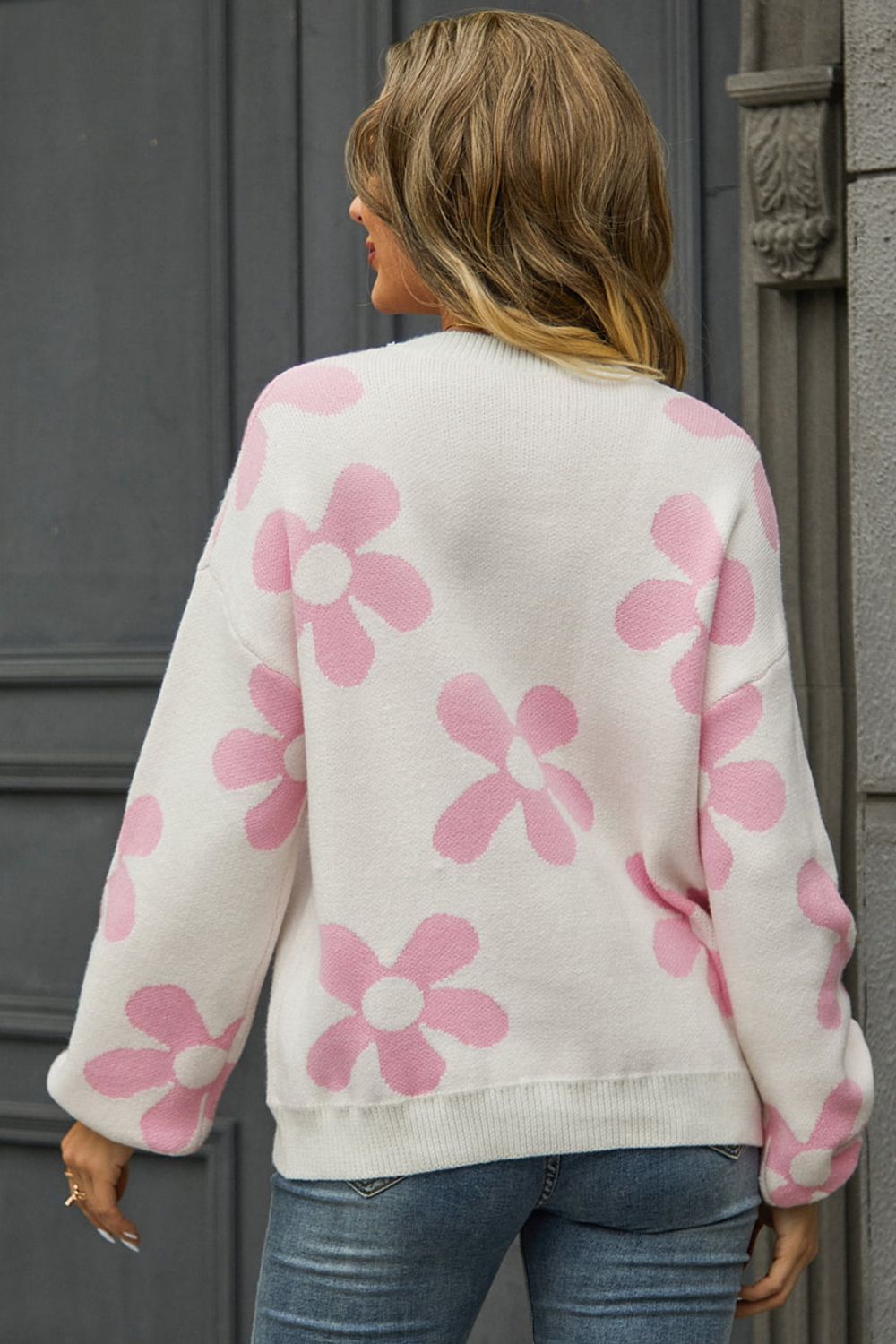 Floral Print Round Neck Dropped Shoulder Pullover Sweater - AllIn Computer