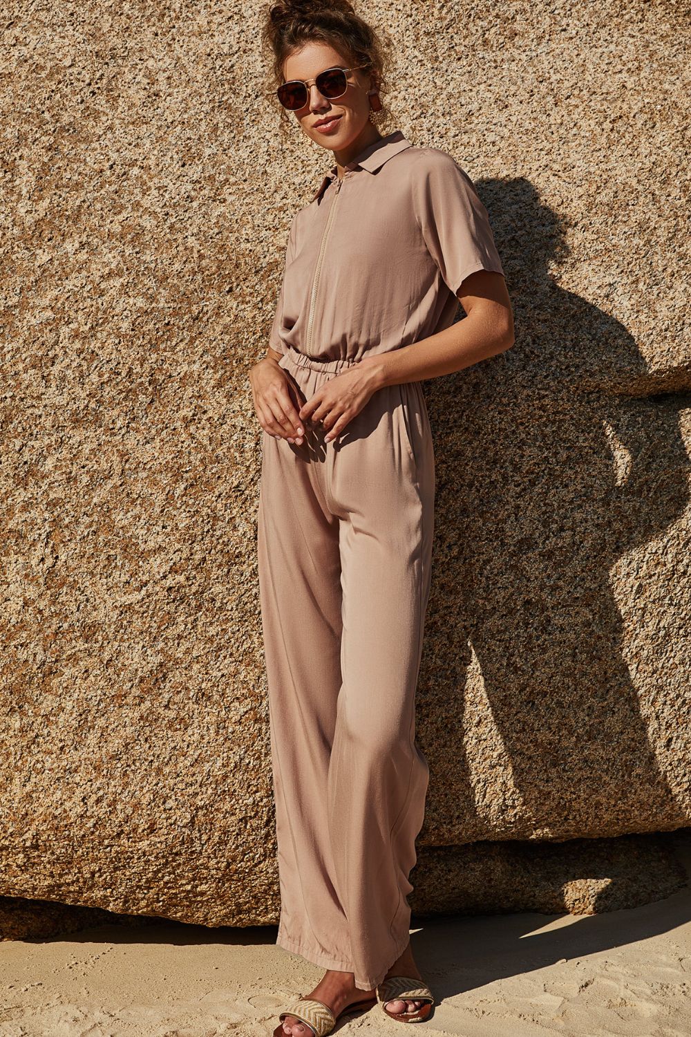 Zip Up Short Sleeve Collared Jumpsuit - AllIn Computer