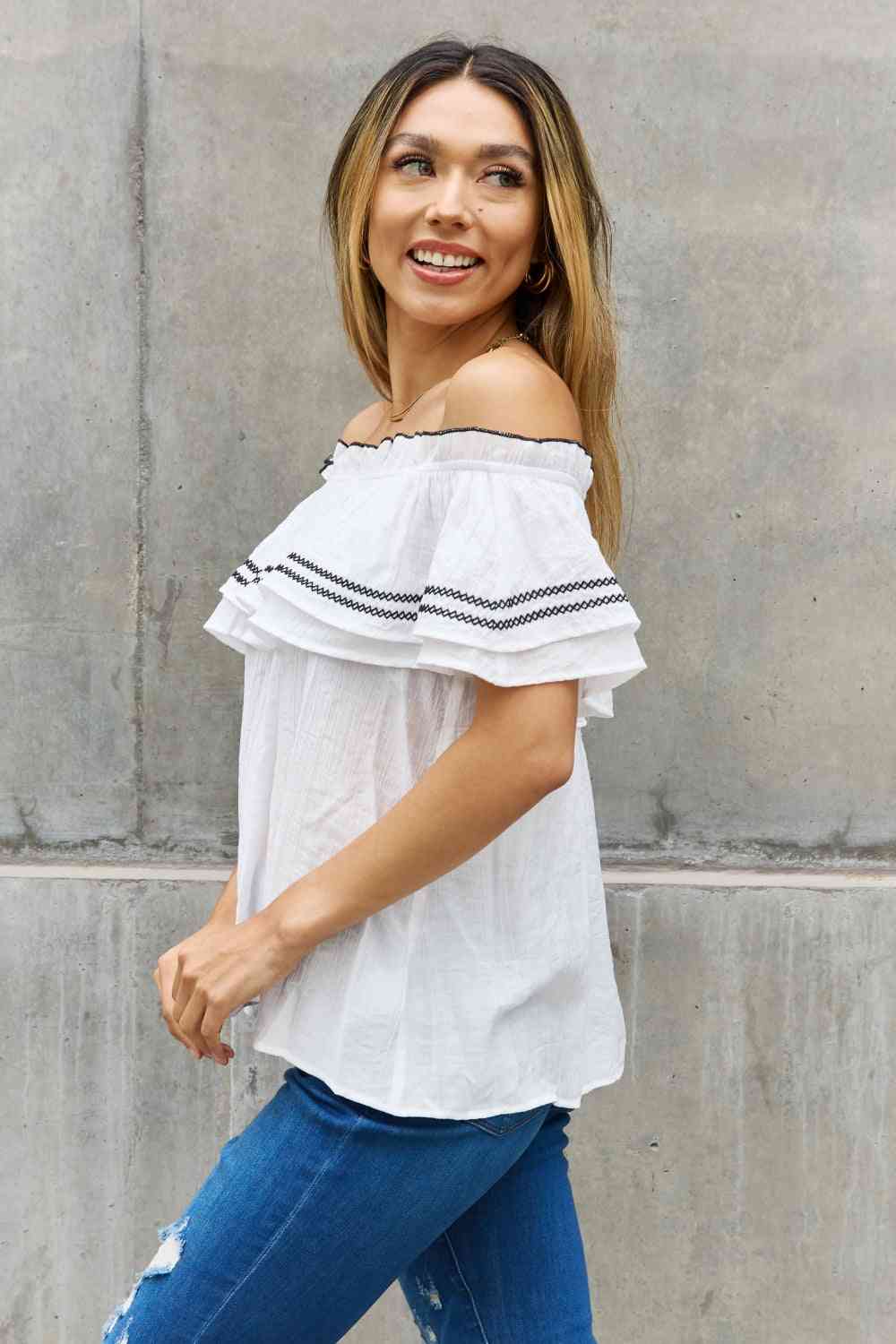 ODDI Full Size Off The Shoulder Ruffle Blouse - AllIn Computer