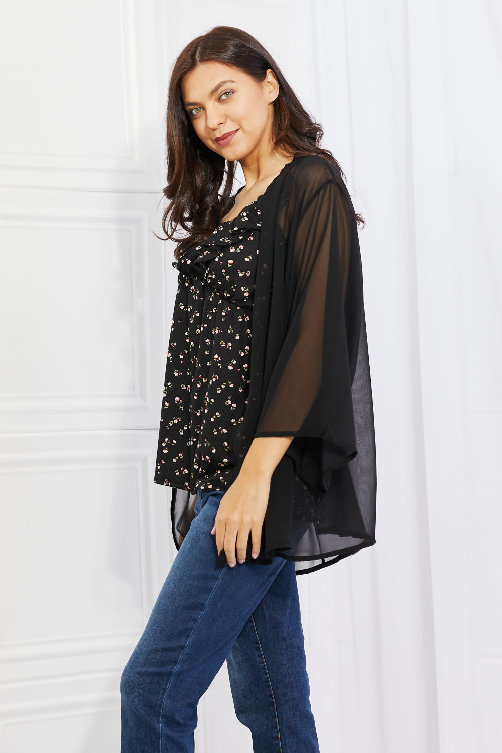 Melody Just Breathe Full Size Chiffon Kimono in Black - AllIn Computer