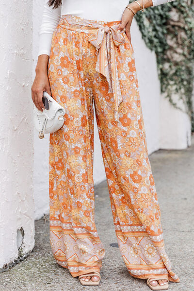 Floral Tie Front Wide Leg Pants - AllIn Computer