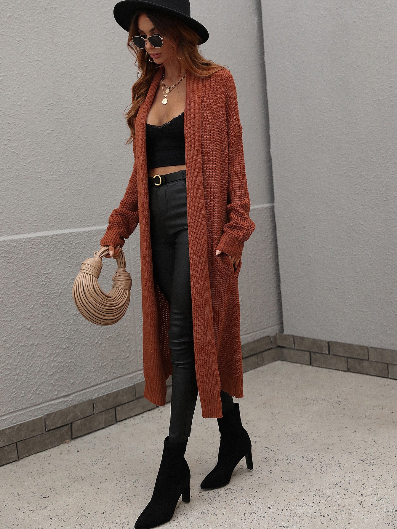 Double Take Waffle Knit Open Front Duster Cardigan With Pockets - AllIn Computer