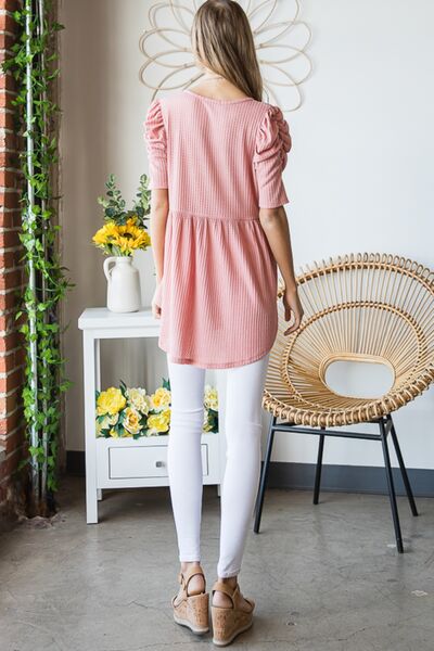 Heimish Full Size Waffle Knit V-Neck Babydoll Top - AllIn Computer