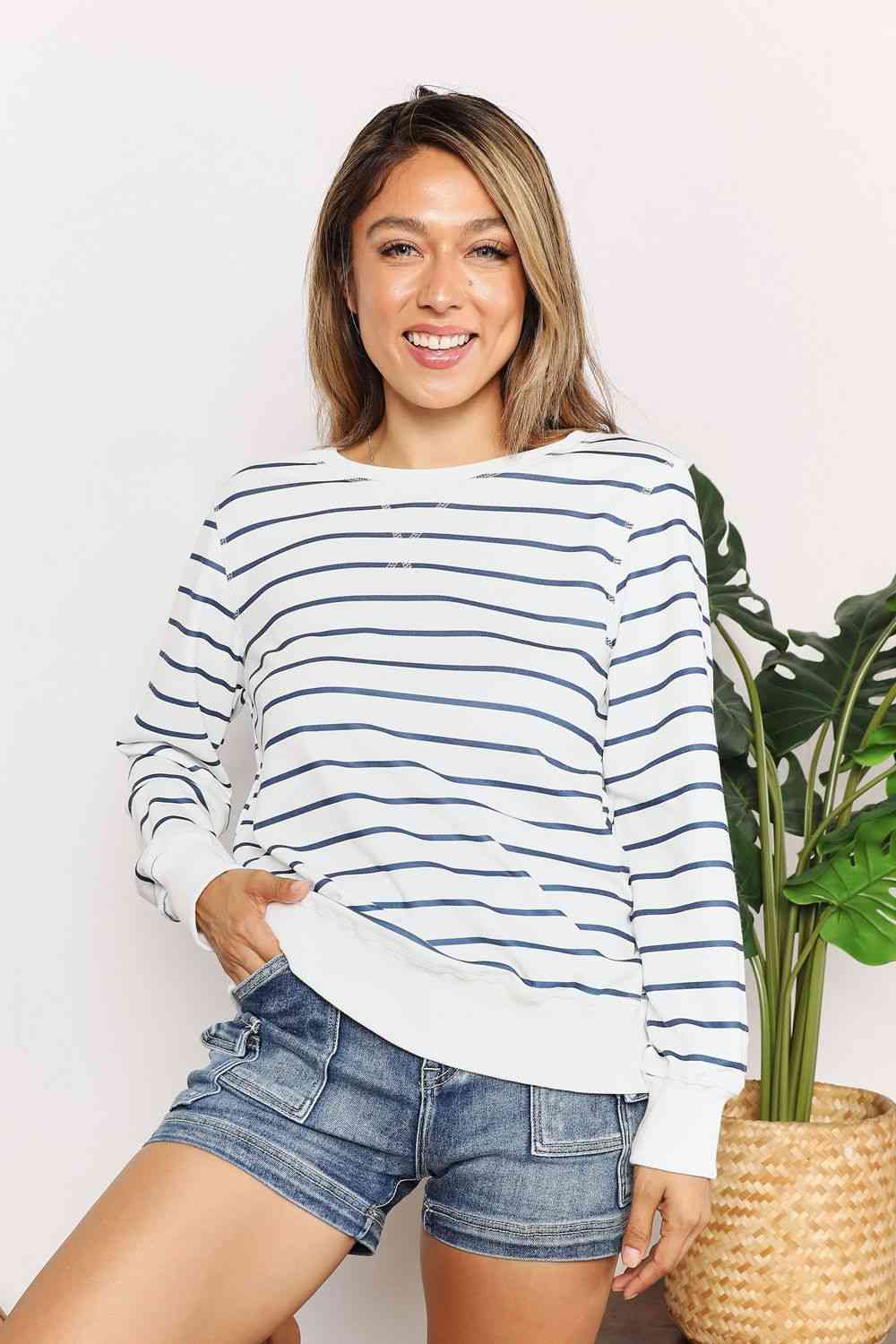 Double Take Striped Long Sleeve Round Neck Top - AllIn Computer