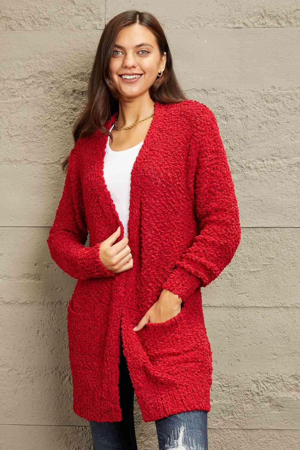 Zenana Falling For You Full Size Open Front Popcorn Cardigan - AllIn Computer