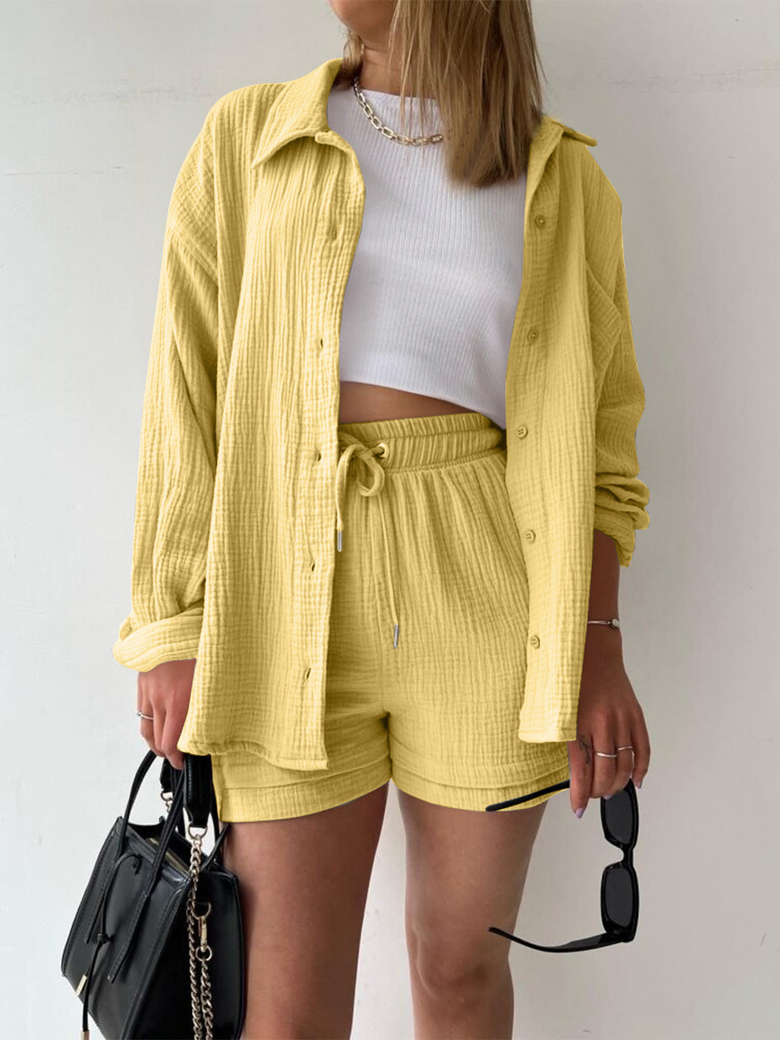 Texture Button Up Shirt and Drawstring Shorts Set - AllIn Computer