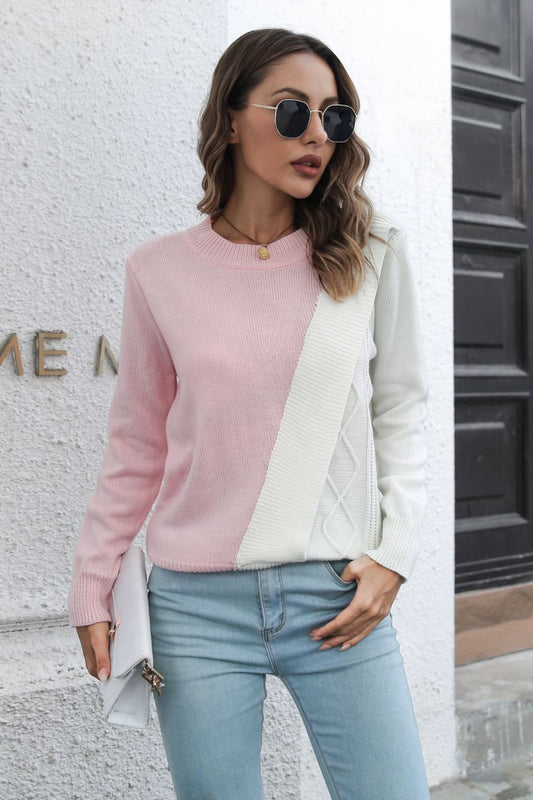 Contrast Color Round Neck Long Sleeve Sweater - AllIn Computer
