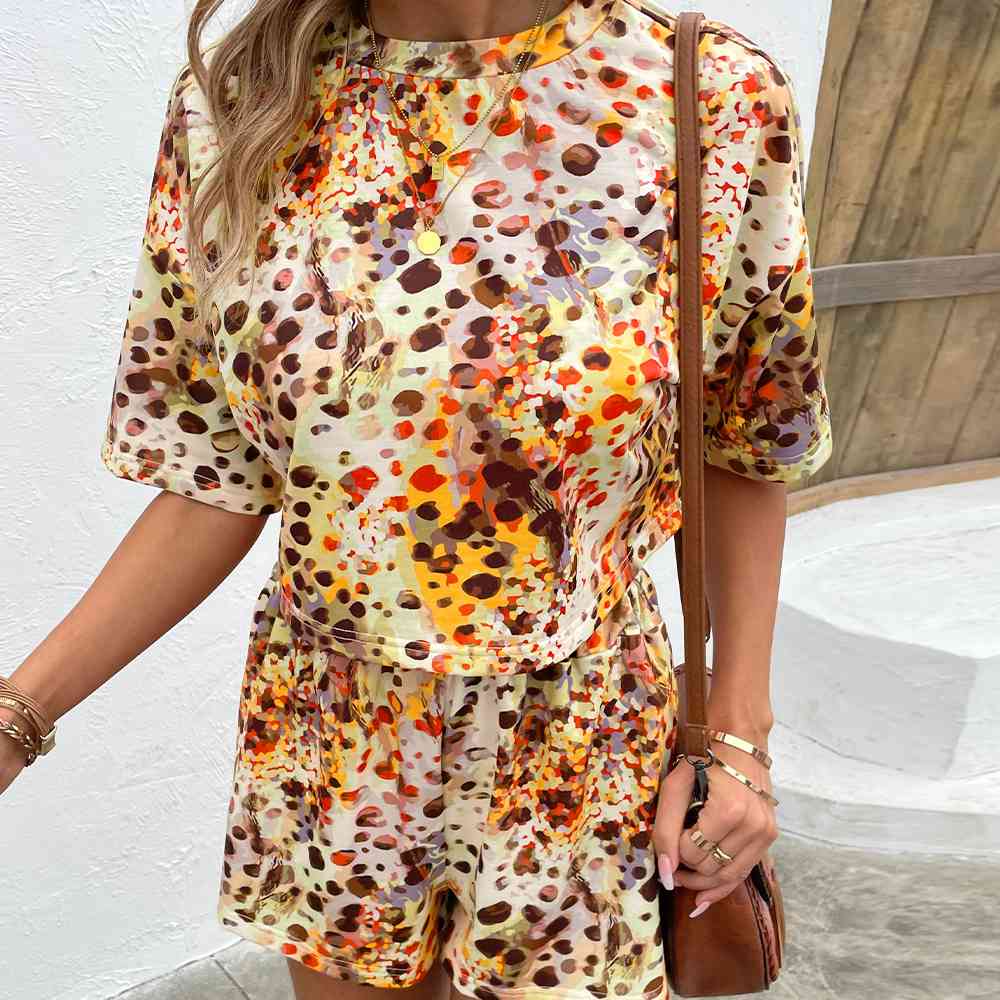 Printed Round Neck Dropped Shoulder Half Sleeve Top and Shorts Set - AllIn Computer