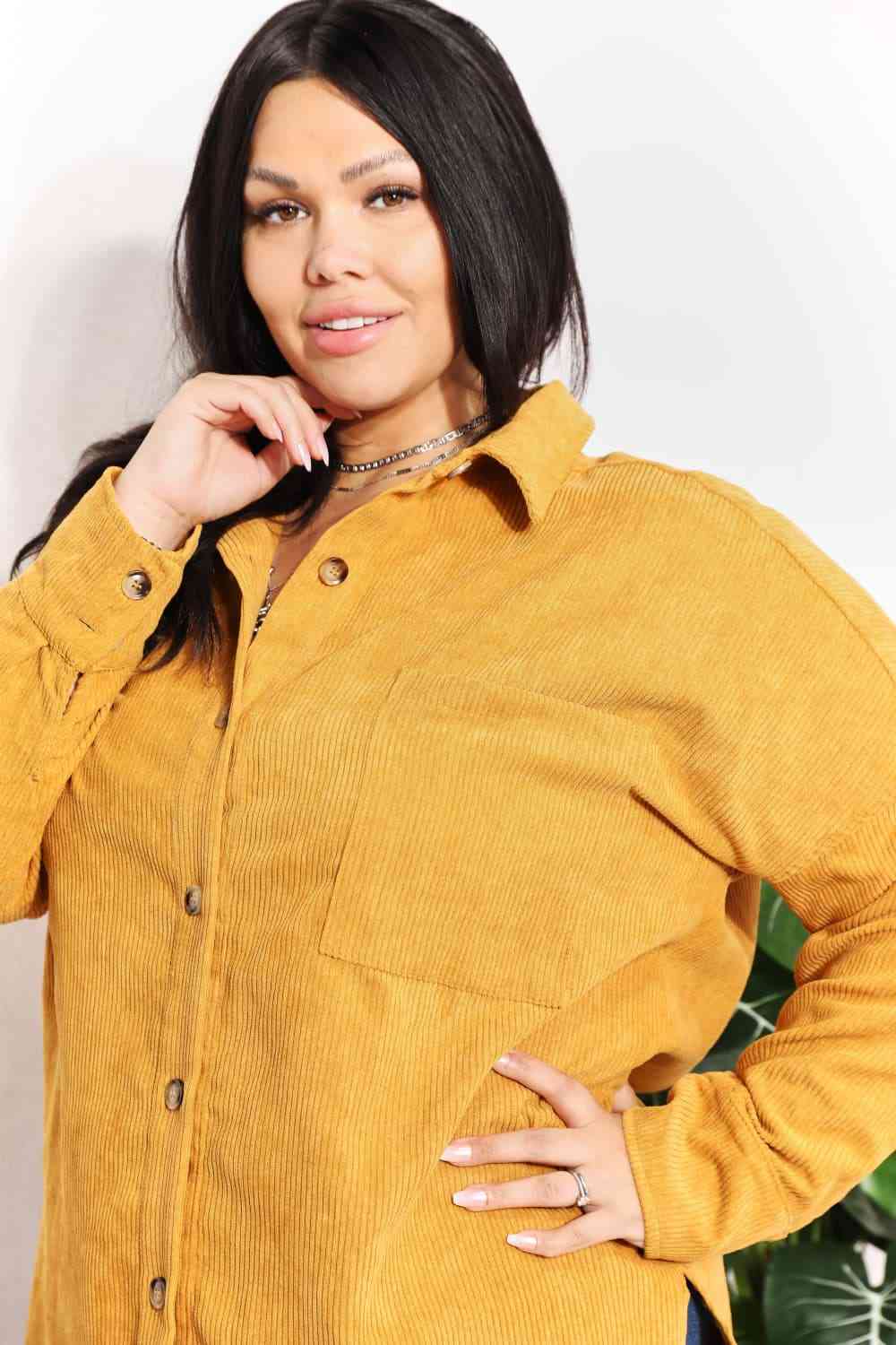 HEYSON Full Size Oversized Corduroy  Button-Down Tunic Shirt with Bust Pocket - AllIn Computer