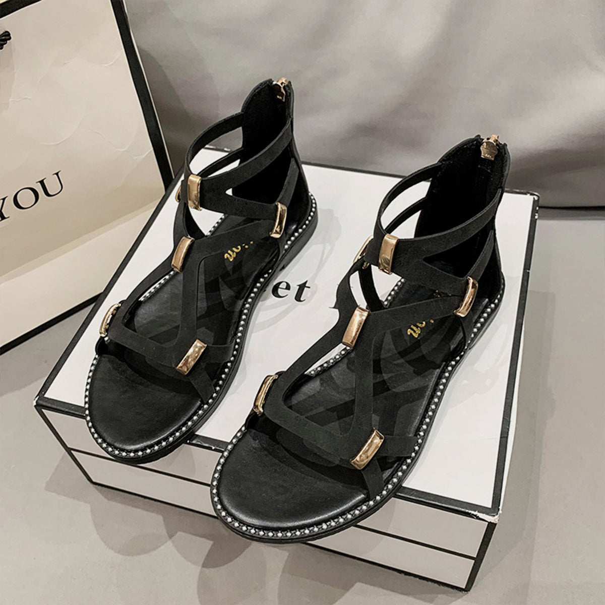 Open Toe Back Zipper Flat Sandals - AllIn Computer