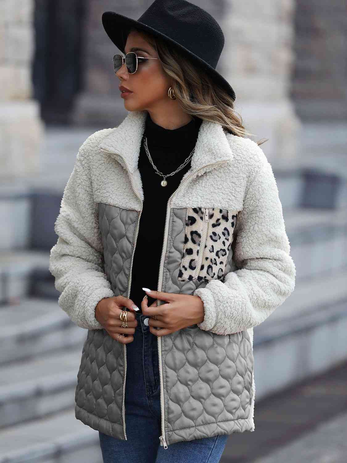 Leopard Color Block Zip-Up Jacket - AllIn Computer