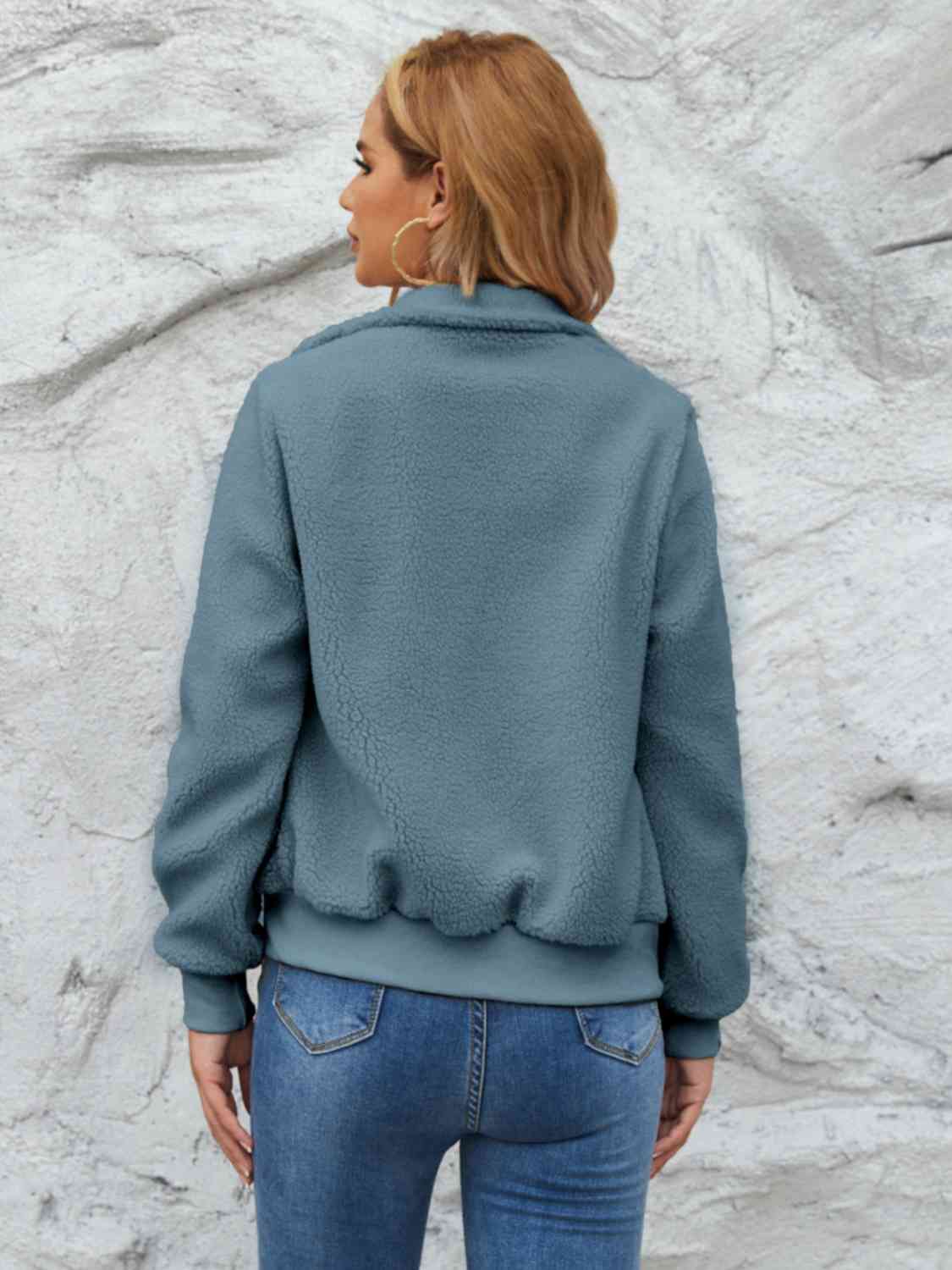 Zip Up Collared Neck Long Sleeve Jacket - AllIn Computer