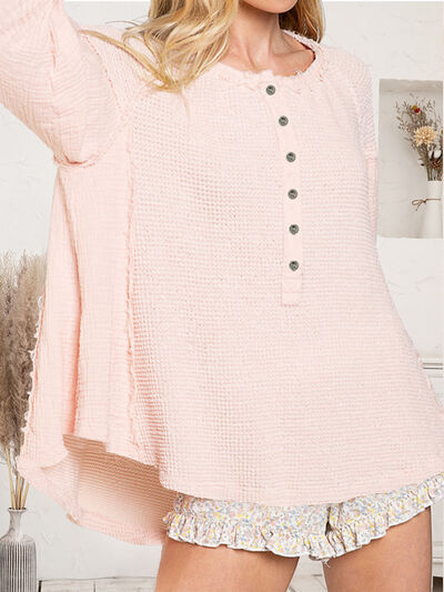Waffle Knit Half Button Raw Hem Blouse - AllIn Computer