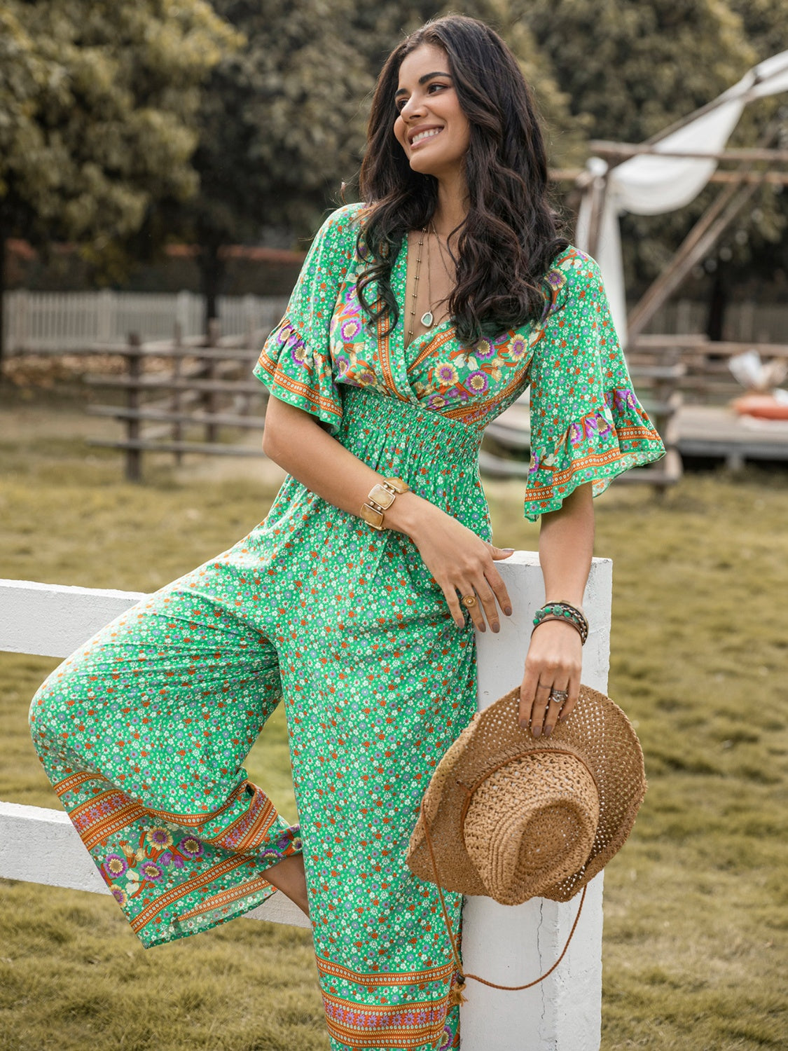 Floral Surplice Flutter Sleeve Jumpsuit - AllIn Computer