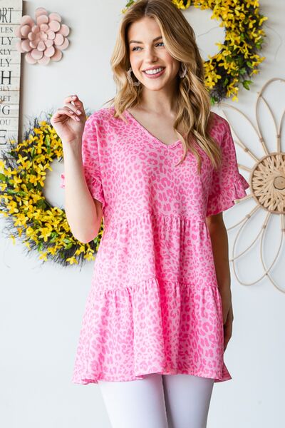 Heimish Full Size Leopard Ruffle Trim Short Sleeve Top - AllIn Computer