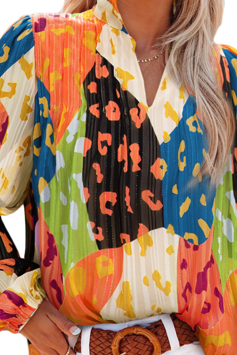 Printed Notched Long Sleeve Blouse - AllIn Computer