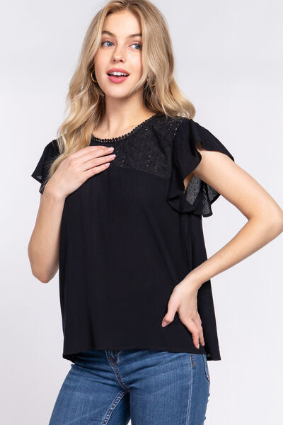 ACTIVE BASIC Ruffle Short Sleeve Crochet Blouse - AllIn Computer