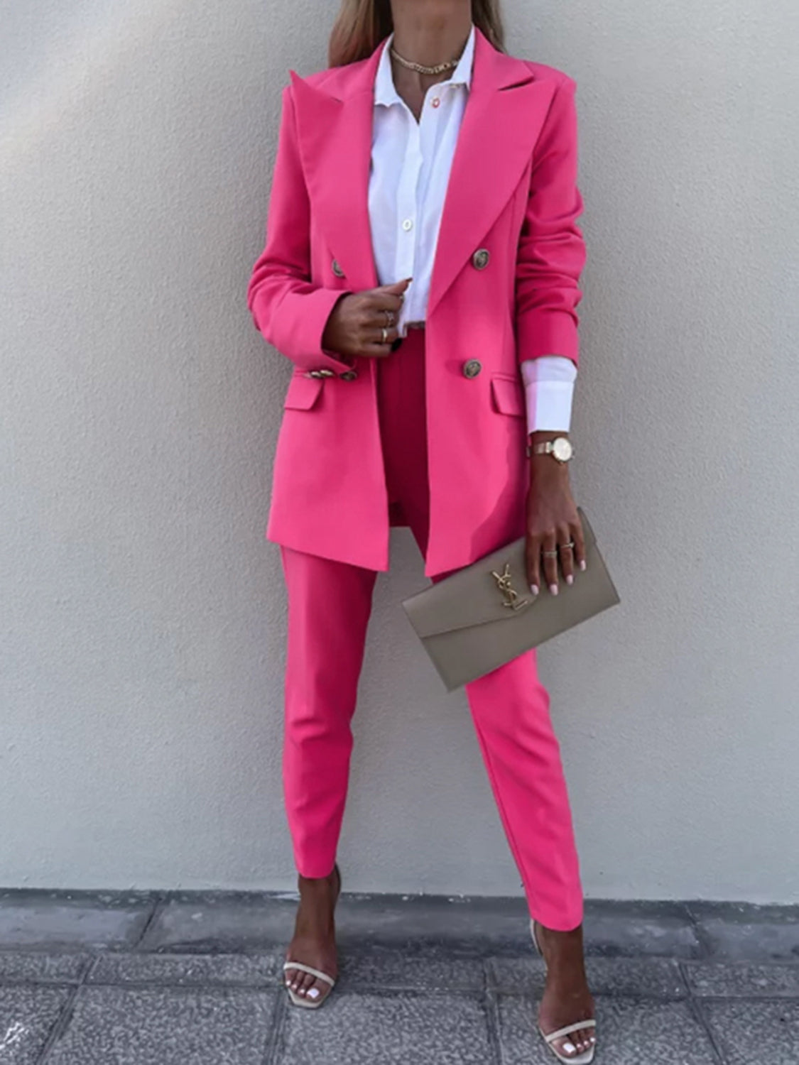 Lapel Collar Long Sleeve Blazer and Pants Set - AllIn Computer