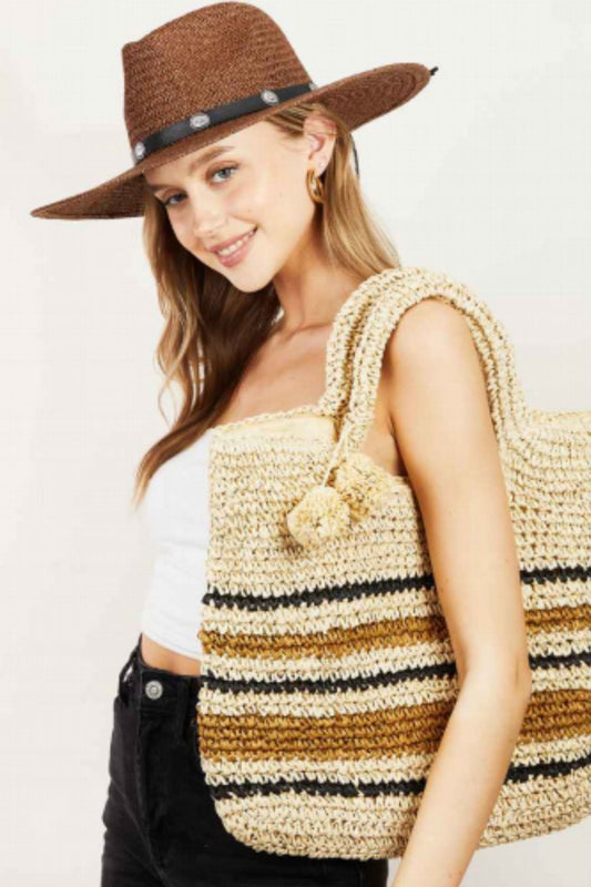 Fame Striped Straw Braided Tote Bag - AllIn Computer