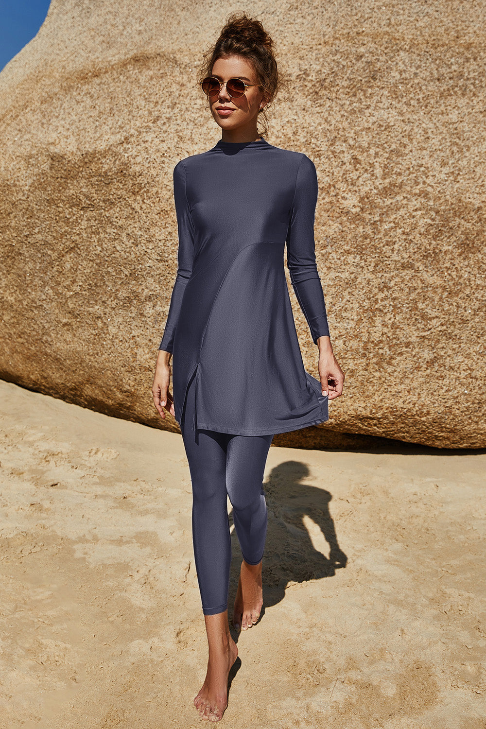 Slit Mock Neck Long Sleeve Top and Pants Swim Set - AllIn Computer
