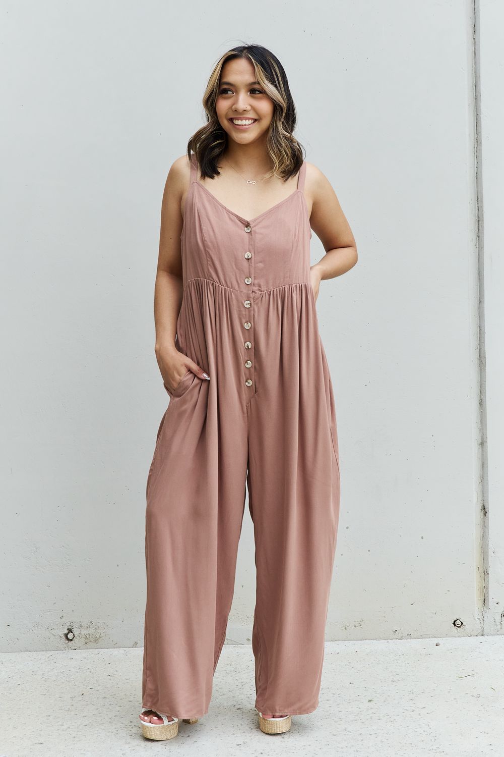 HEYSON All Day Full Size Wide Leg Button Down Jumpsuit in Mocha - AllIn Computer