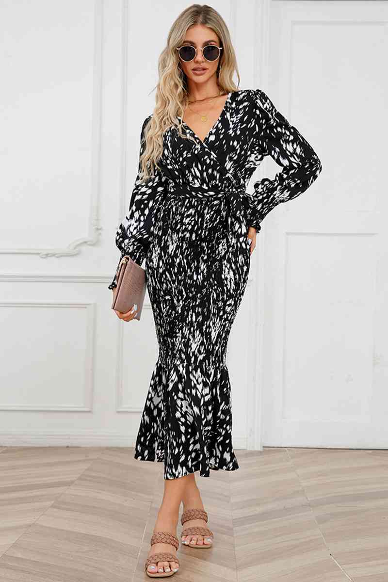Printed V-Neck Smocked Midi Dress - AllIn Computer