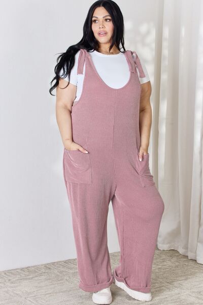Celeste Full Size Ribbed Tie Shoulder Sleeveless Ankle Overalls - AllIn Computer