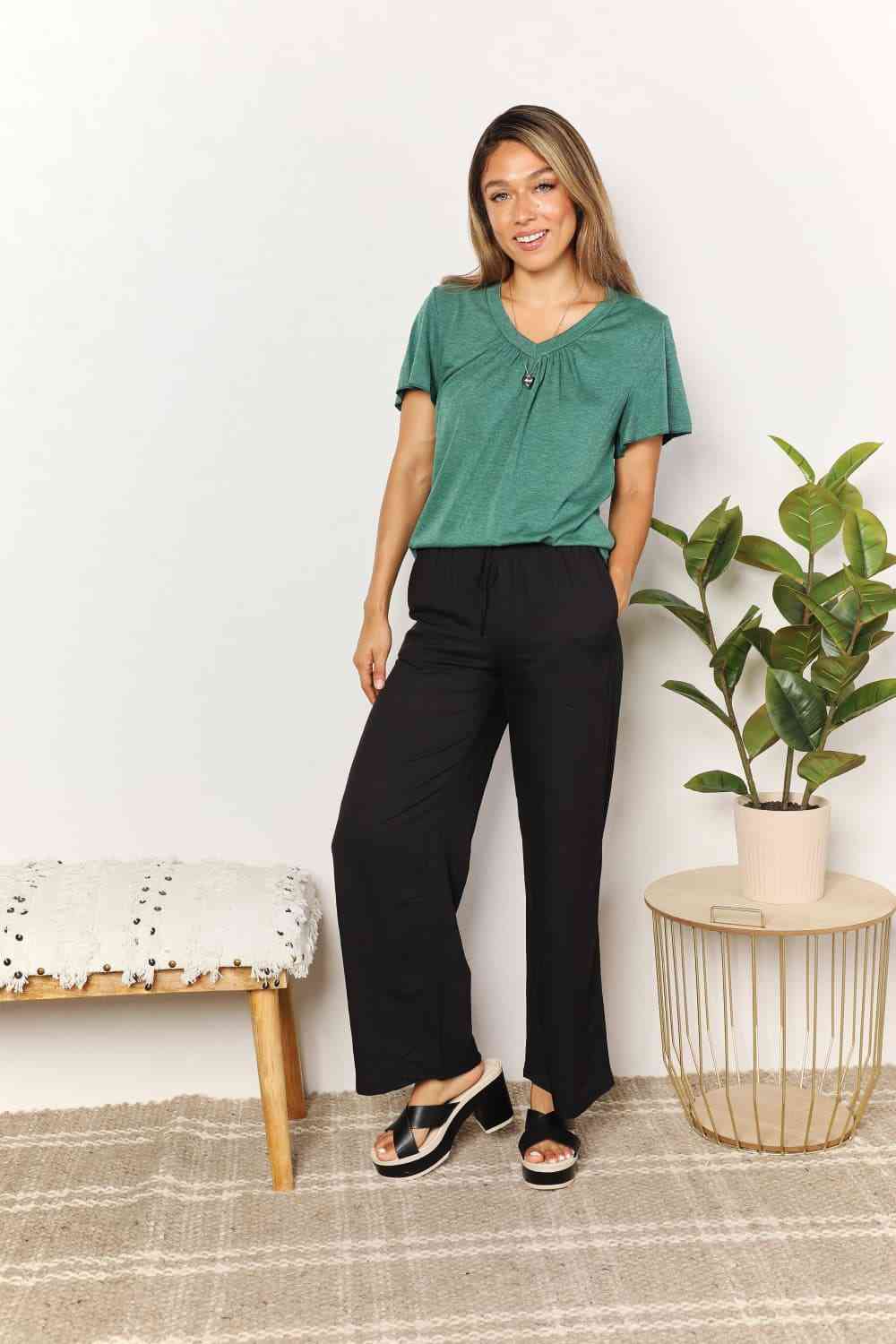 Double Take Ruched V-Neck Short Sleeve T-Shirt - AllIn Computer