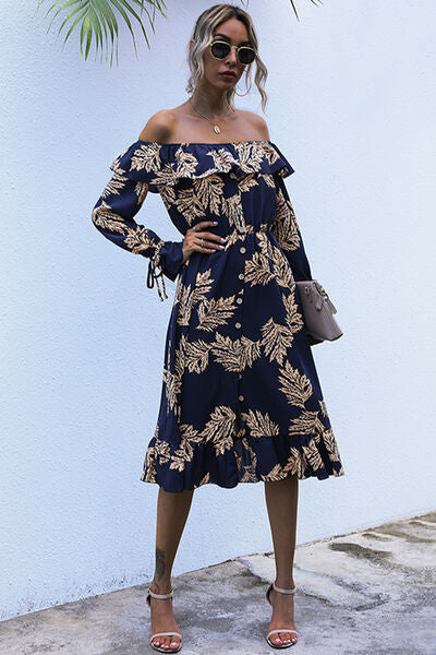Ruffled Printed Off-Shoulder Midi Dress - AllIn Computer