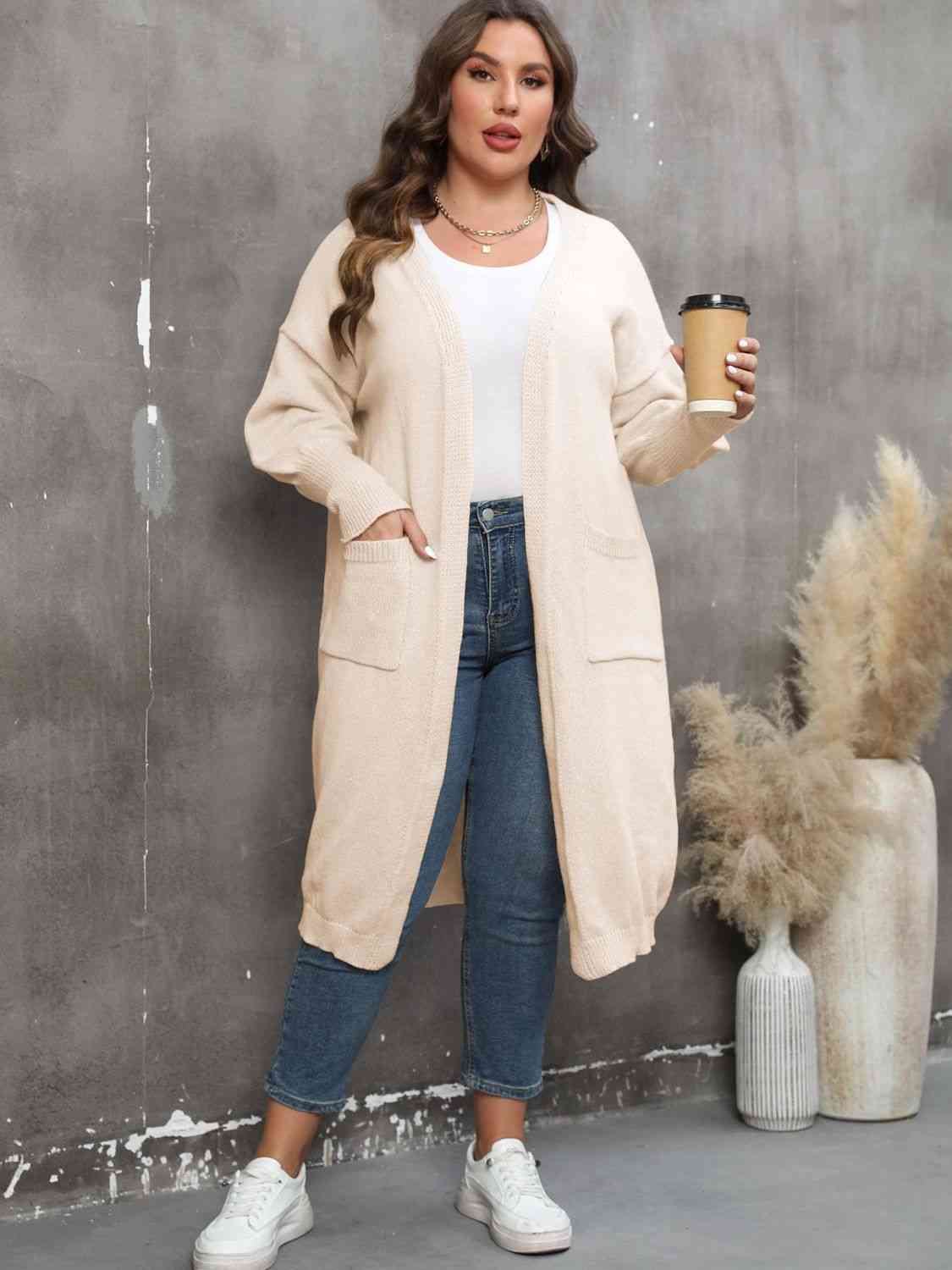 Plus Size Long Sleeve Pocketed Cardigan - AllIn Computer