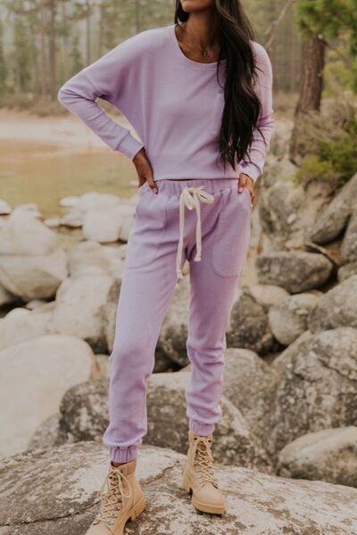 Waffle Knit Long Sleeve Top and Drawstring Pants Set - AllIn Computer