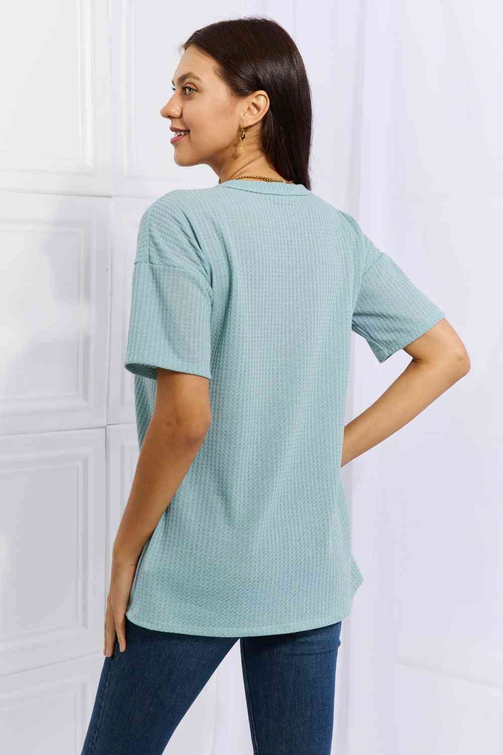 Heimish Made For You Full Size 1/4 Button Down Waffle Top in Blue - AllIn Computer