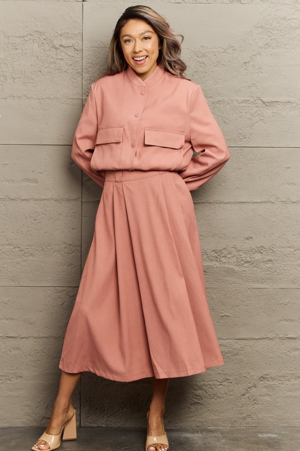 Long Sleeve Jacket and Midi Skirt Set - AllIn Computer