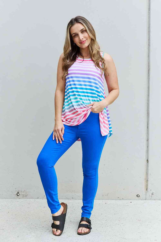 Heimish Love Yourself Full Size Multi-Colored Striped Sleeveless Round Neck Top - AllIn Computer