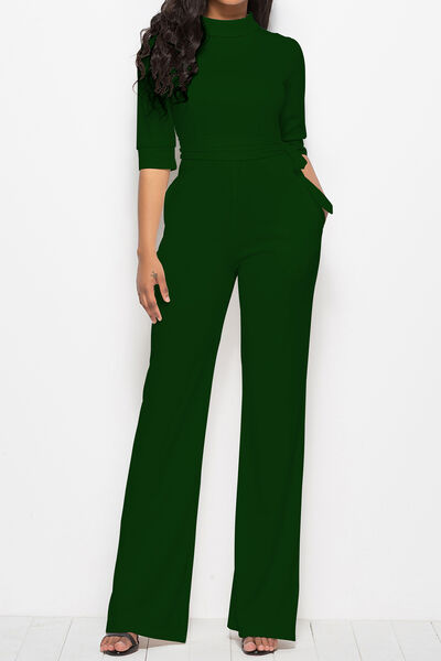 Mock Neck Tie-Waist Half Sleeve Jumpsuit - AllIn Computer