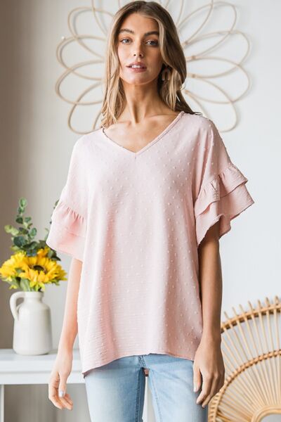 Heimish Full Size Swiss Dot Ruffle Short Sleeve Top - AllIn Computer