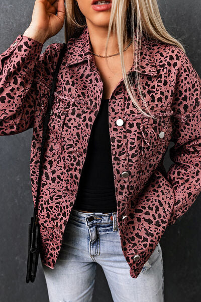 Leopard Raw Hem Button Up Denim Jacket - AllIn Computer