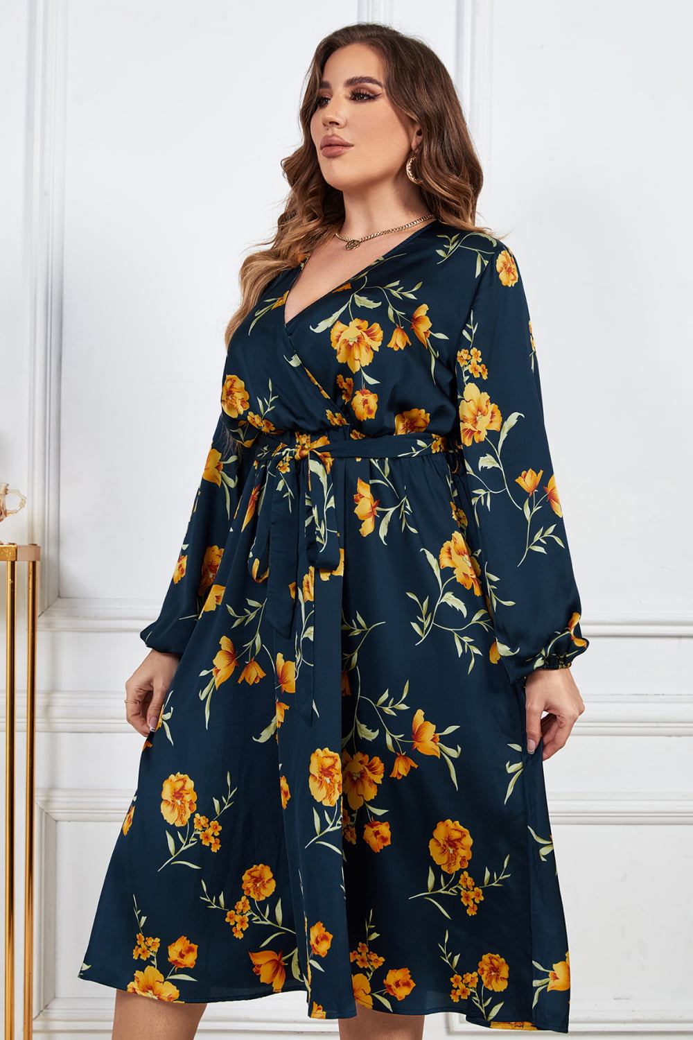 Melo Apparel Plus Size Floral Print Surplice Neck Midi Dress - AllIn Computer