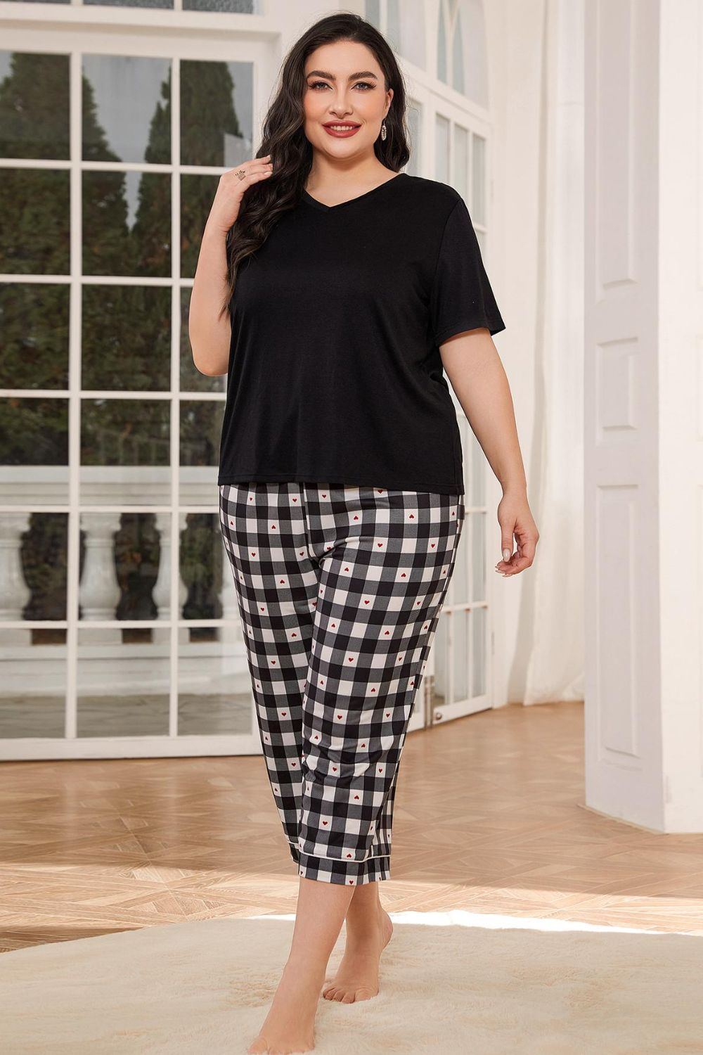 V-Neck Tee and Plaid Cropped Pants Lounge Set - AllIn Computer