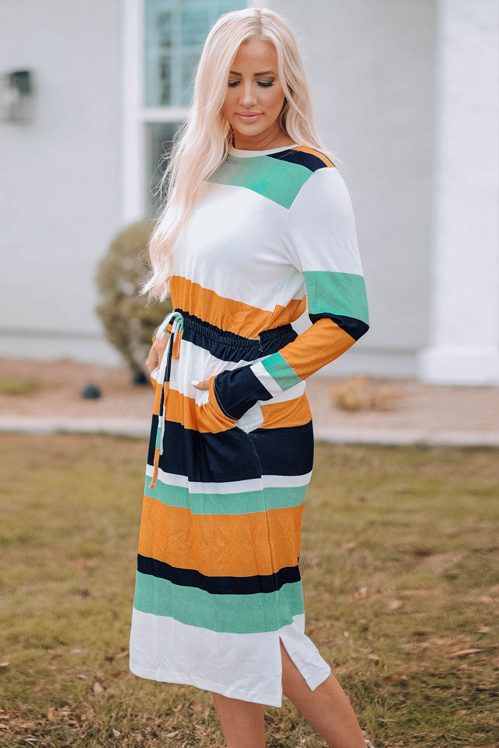 Striped Drawstring Waist Side Slit Midi Dress - AllIn Computer