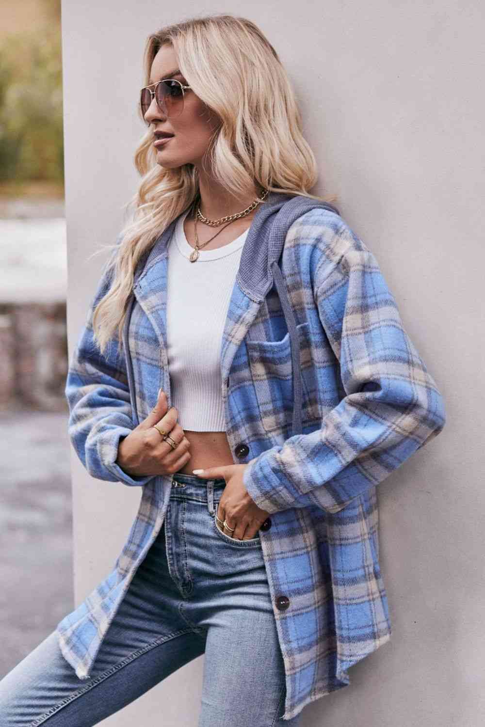 Plaid Dropped Shoulder Hooded Longline Jacket - AllIn Computer