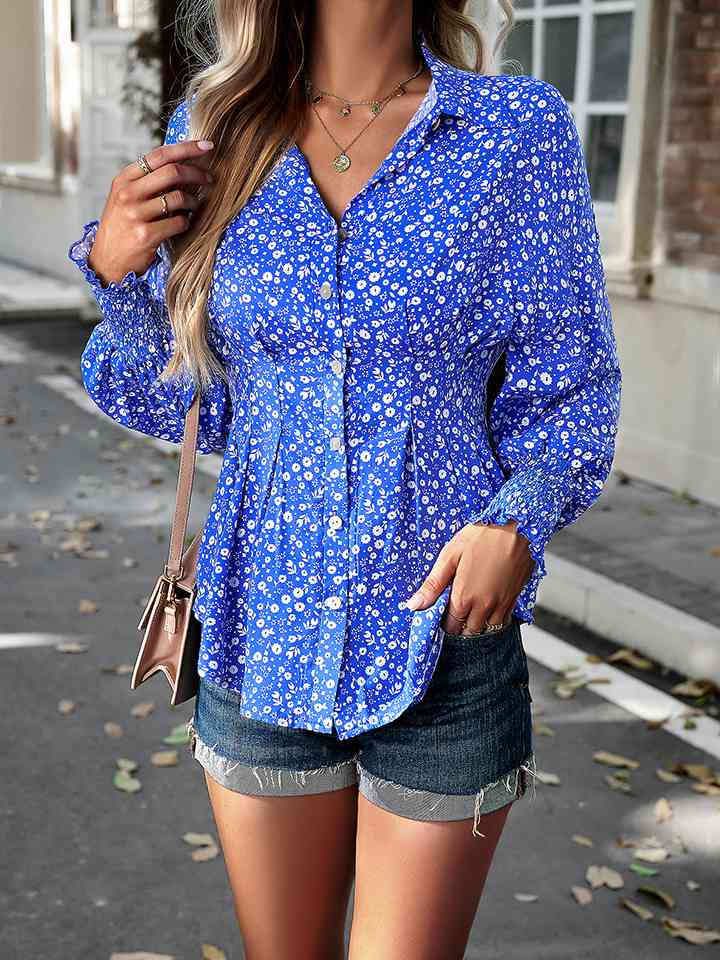 Printed Button-Up Lantern Sleeve Shirt - AllIn Computer