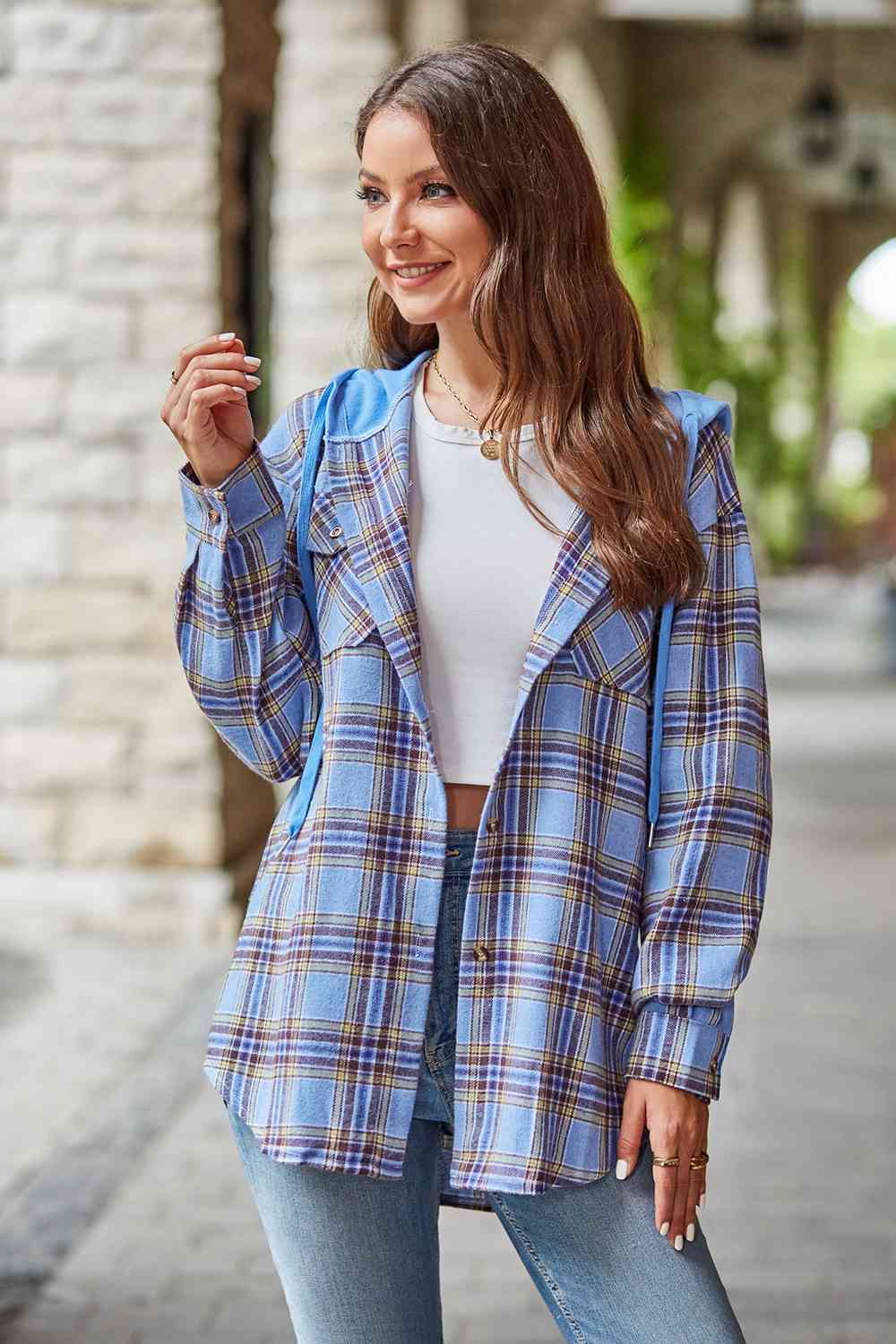 Plaid Long Sleeve Hooded Jacket - AllIn Computer