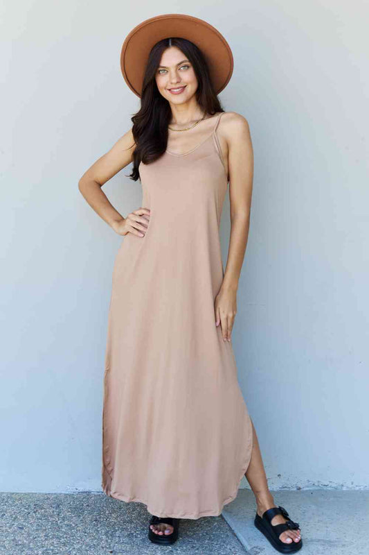 Ninexis Good Energy Full Size Cami Side Slit Maxi Dress in Camel - AllIn Computer