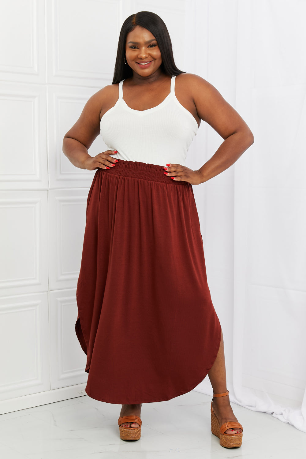 Zenana It's My Time Full Size Side Scoop Scrunch Skirt in Dark Rust - AllIn Computer