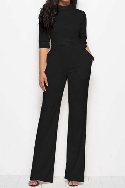 Mock Neck Tie-Waist Half Sleeve Jumpsuit - AllIn Computer